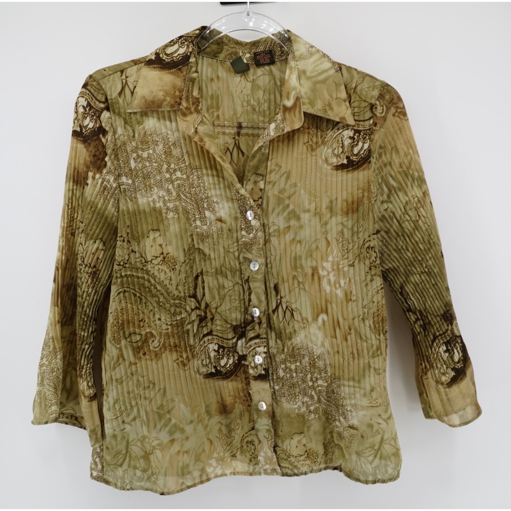 Serenade Women Pleated Paisley Blouse Brown Olive Bell Sleeve‎ S Fairygrunge